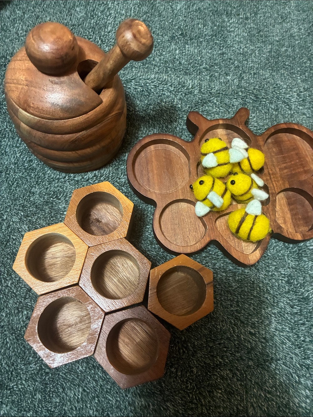 Handcrafted Wooden Honey Bee Serving Set with Felt Bees